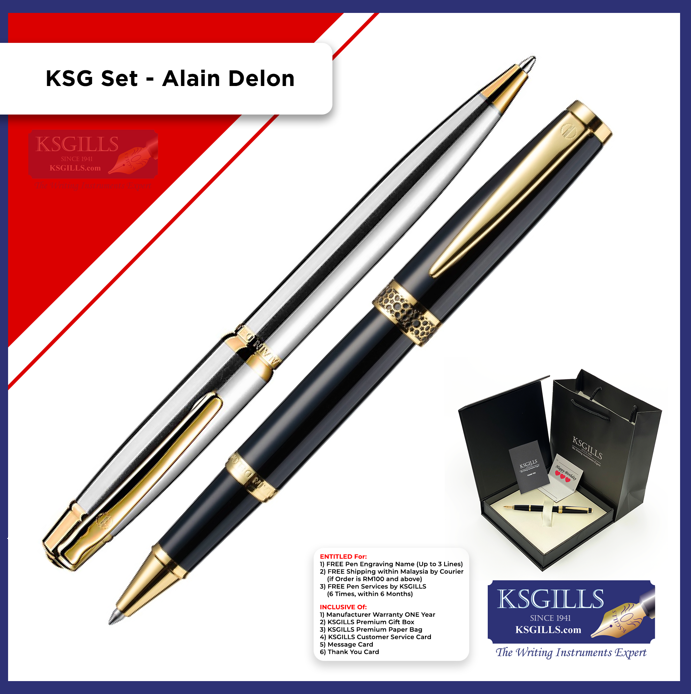 KSG set - Alain Delon Rollerball (Florence Black Gold Trim) & Ballpoint Pen (Deco Steel Gold Trim) - KSGILLS.com | The Writing Instruments Expert