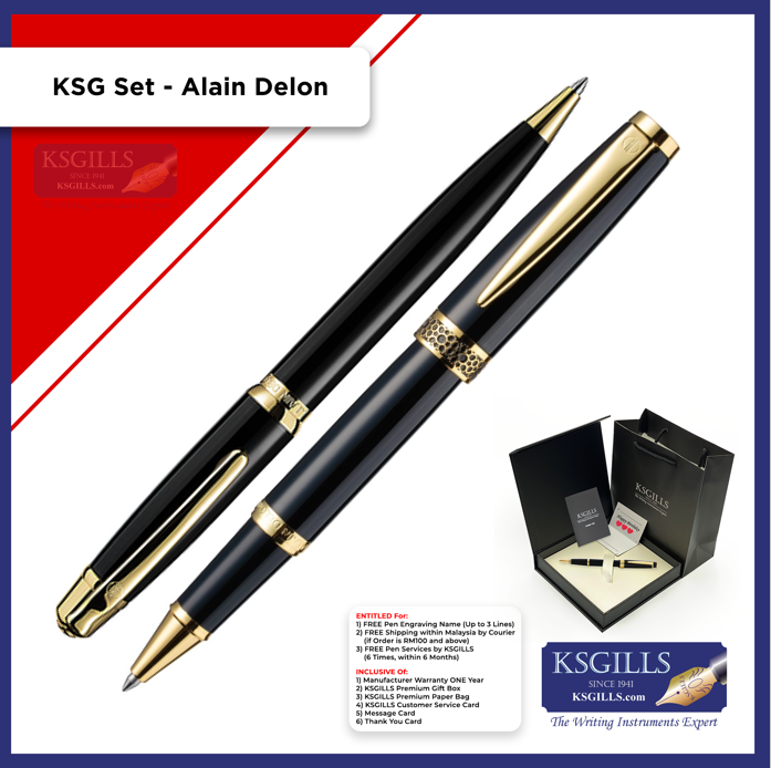 KSG set - Alain Delon Rollerball (Florence Black Gold Trim) & Ballpoint Pen (Deco Black Gold Trim) - KSGILLS.com | The Writing Instruments Expert