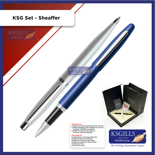 KSG set - Sheaffer VFM SET Rollerball Pen Blue Neon & Ballpoint Pen Silver Nickel (with KSGILLS Premium Gift Box) - KSGILLS.com | The Writing Instruments Expert