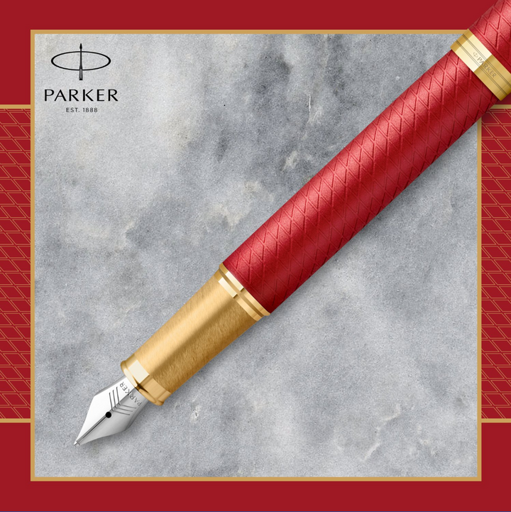 Parker IM Premium Fountain Pen - Red Lacquer Chiselled Gold Trim - KSGILLS.com | The Writing Instruments Expert