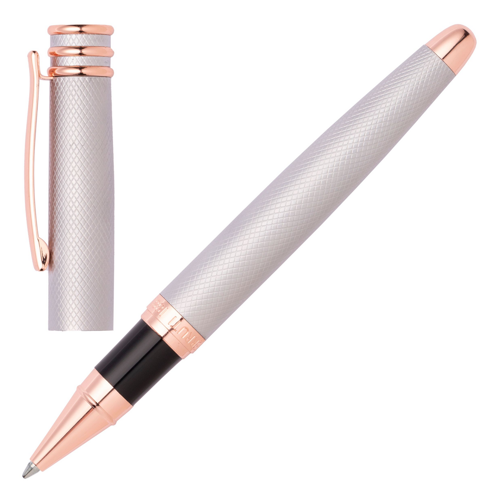 Cerruti 1881 Austin Diamond Rollerball Pen - Brushed Steel Rose Gold Trim - KSGILLS.com | The Writing Instruments Expert