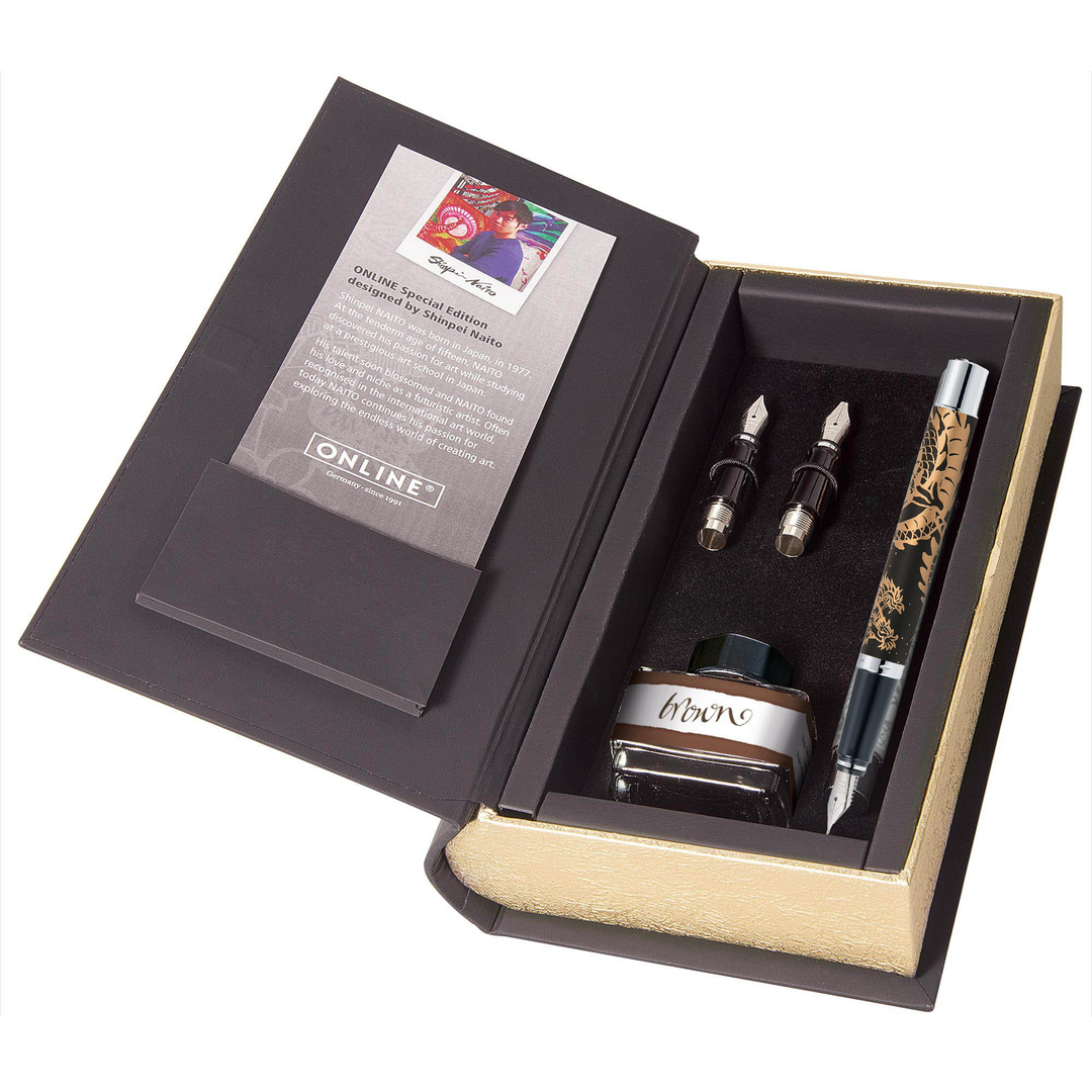 ONLINE Vision Specials Calligraphy Pen SET - Dragon Spirit Brown Black Chrome Trim (3 in 1 Limited Edition) - KSGILLS.com | The Writing Instruments Expert